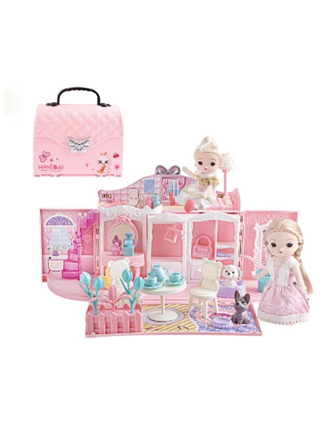 بيوينتي 2 طوابق حقيبة هائلة Dollhouse لعب مجموعة مع غرفتين ، 1 حقيبة لتجميع غرفة النوم والأثاث والحديقة والحيوانات الأليفة DIY تظاهر لعب بيت الدمية للبنات. - Image 1